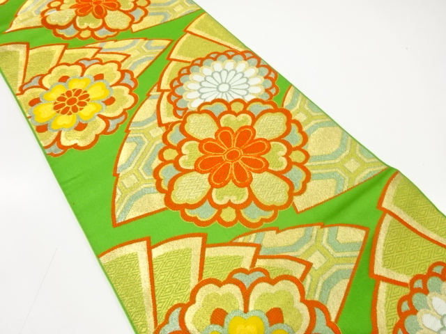 JAPANESE KIMONO / ANTIQUE FUKURO OBI / WOVEN FAN & FLORAL CREST